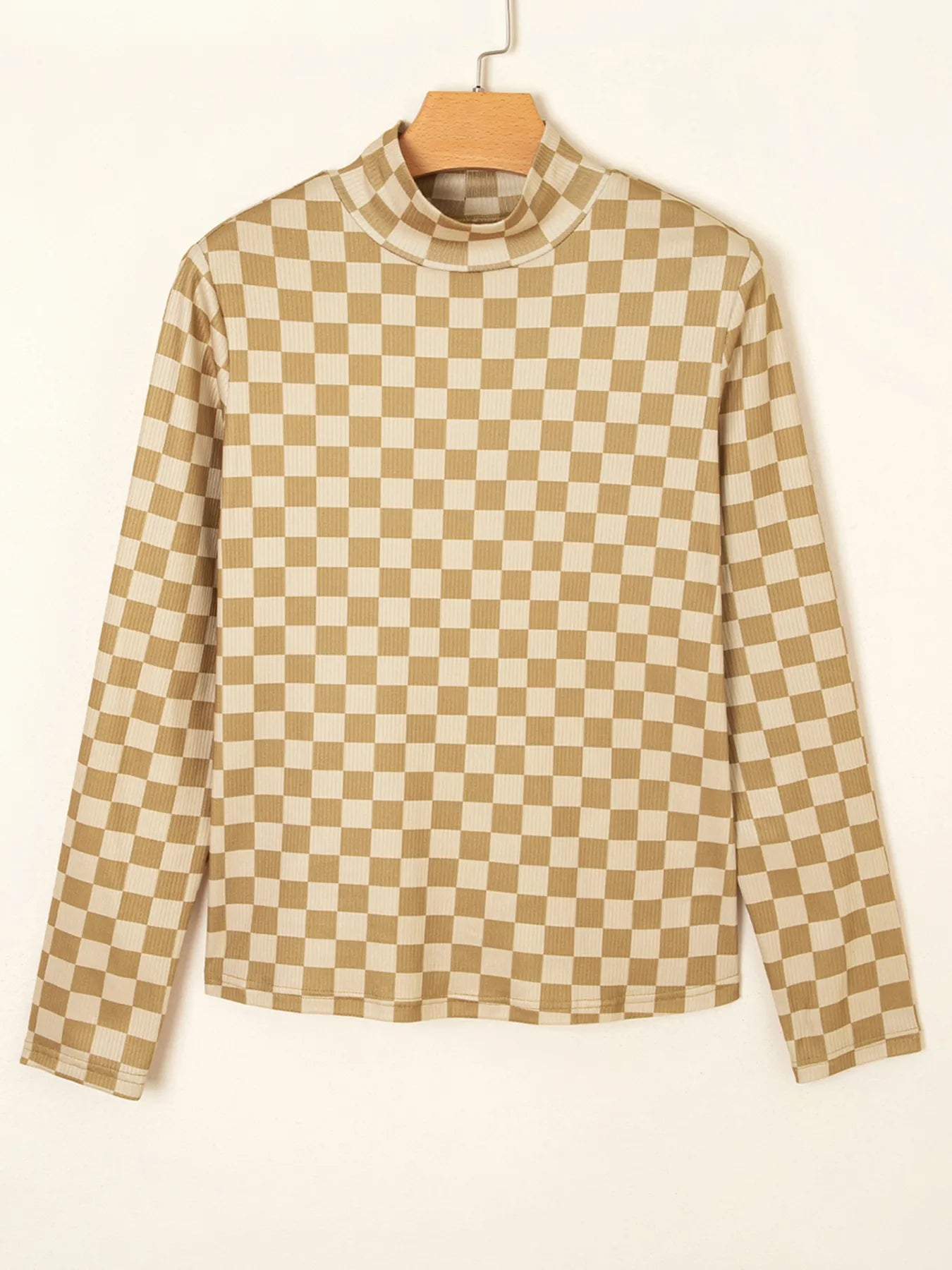 Check Pattern Turtleneck Slim Long Sleeve Tee OutfitFlow