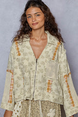 POL Raw Hem Zip Up Floral Jacket with Plaid and Crochet Patch OutfitFlow
