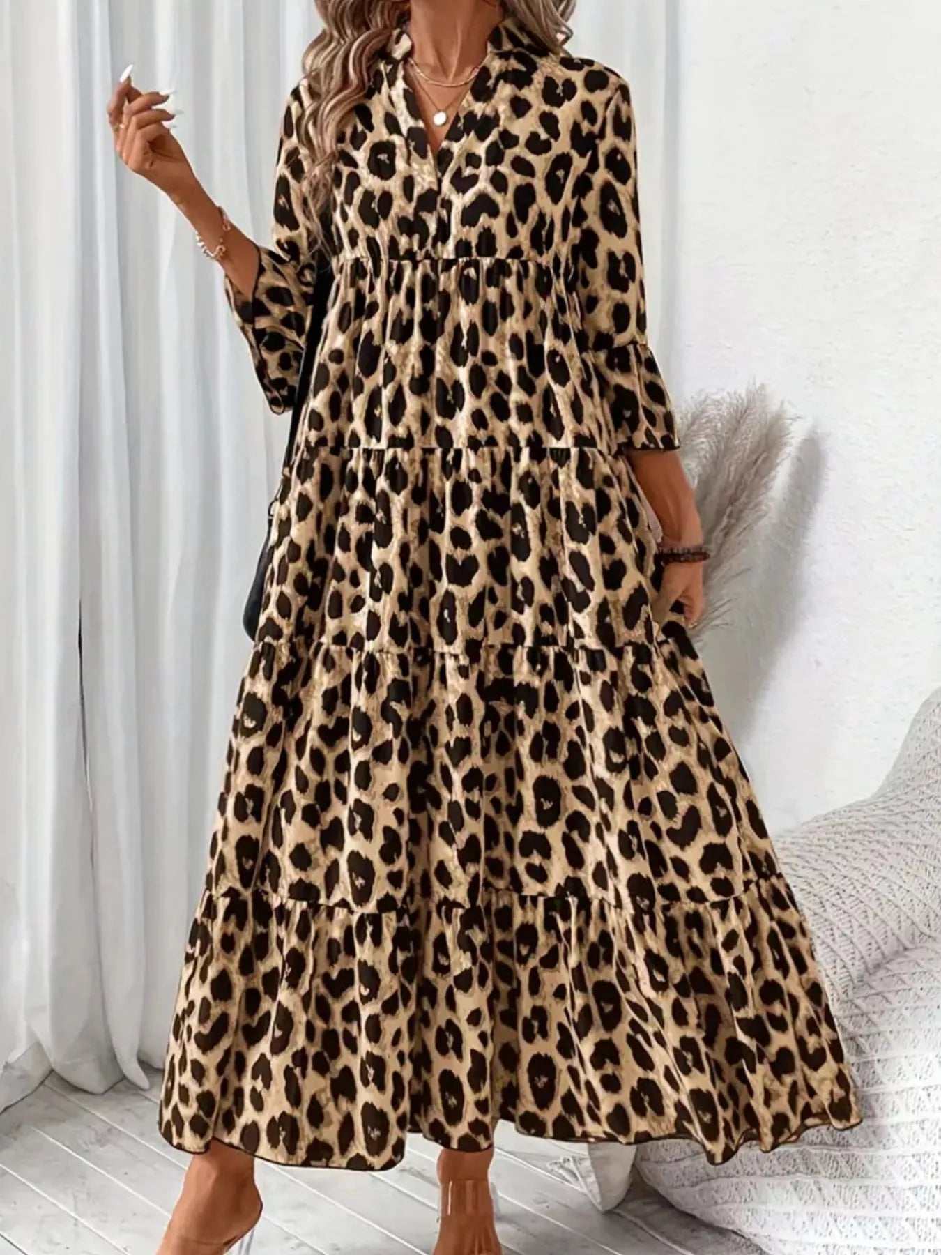 Leopard 3/4 Sleeve Midi Dress OutfitFlow