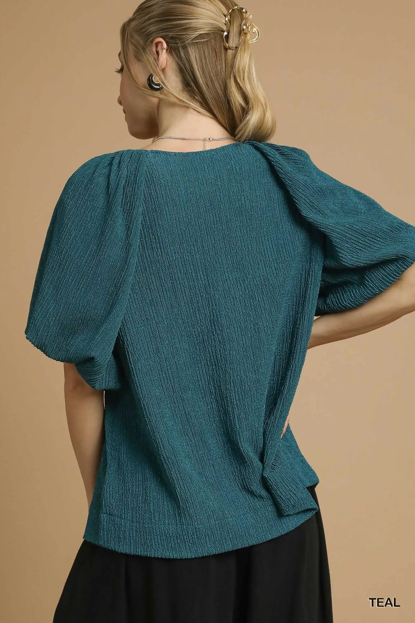 Umgee Textured Flutter Sleeve Notch Neck Top OutfitFlow