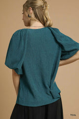 Umgee Textured Flutter Sleeve Notch Neck Top OutfitFlow