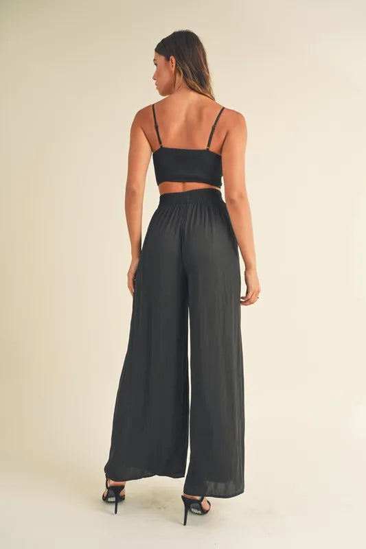 MABLE Smocked Bralette Crop Top and Wide Leg Pants Set OutfitFlow