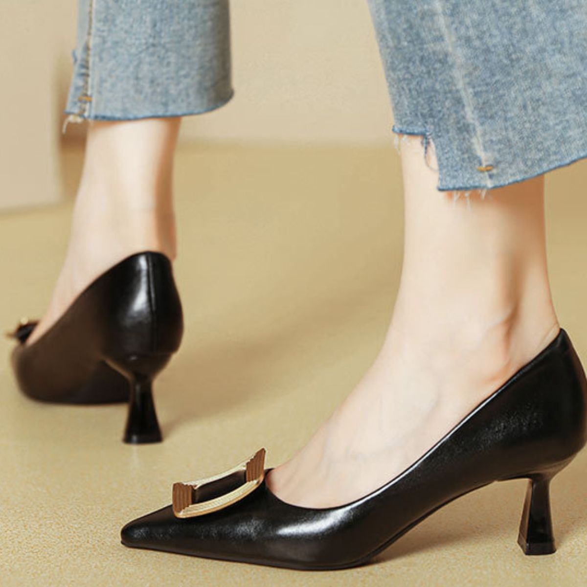 Point Toe Flare Heel Pumps OutfitFlow