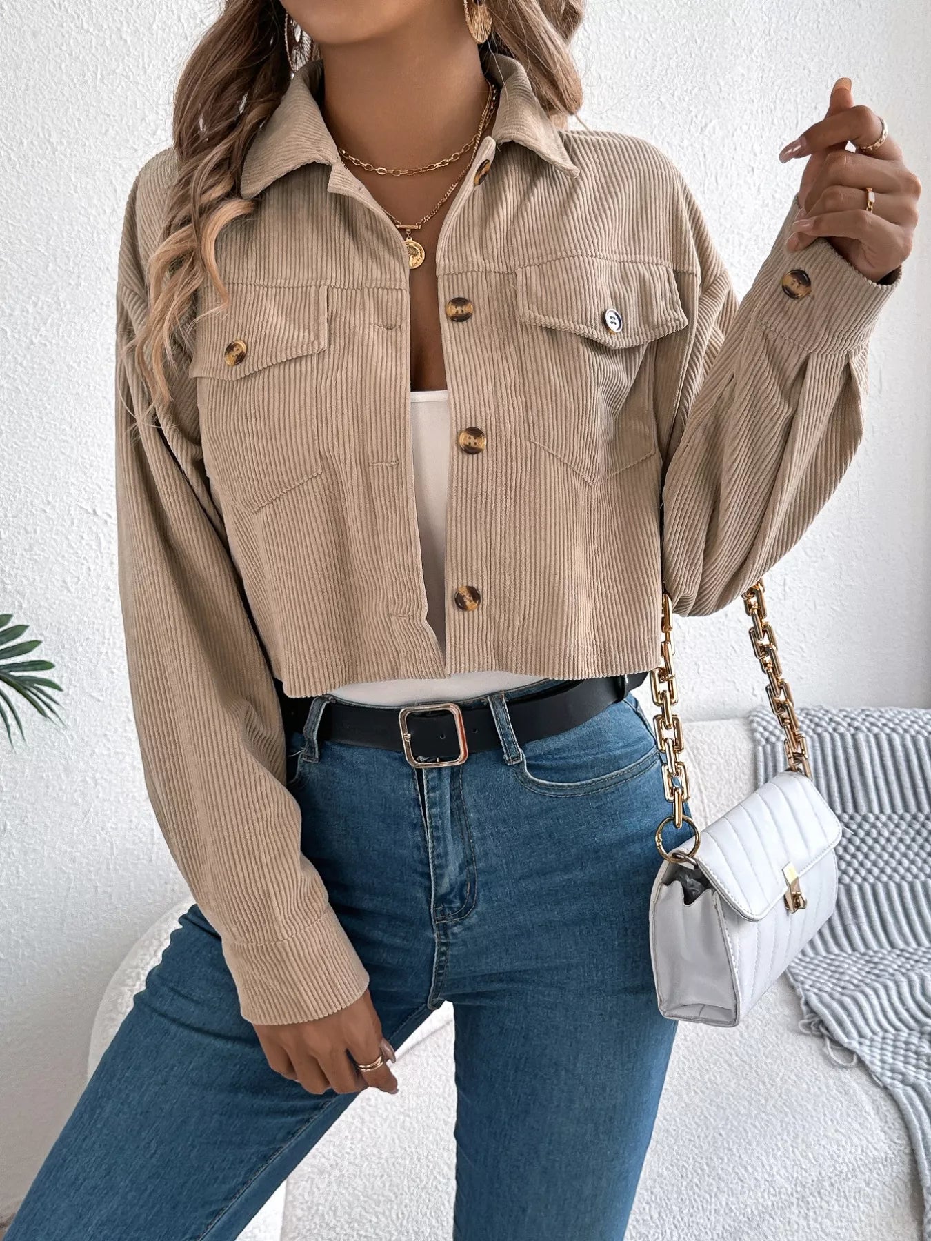 Corduroy Button-Up Dropped Shoulder Jacket Trendsi