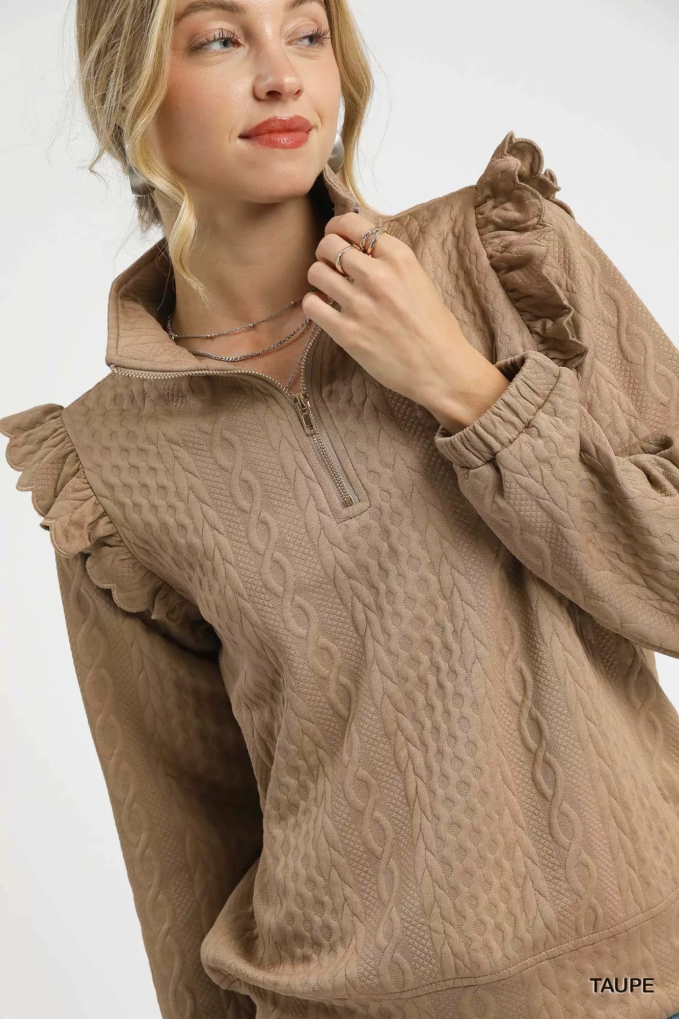 Umgee Cable Knit Textured Pullover with Ruffle Shoulders OutfitFlow
