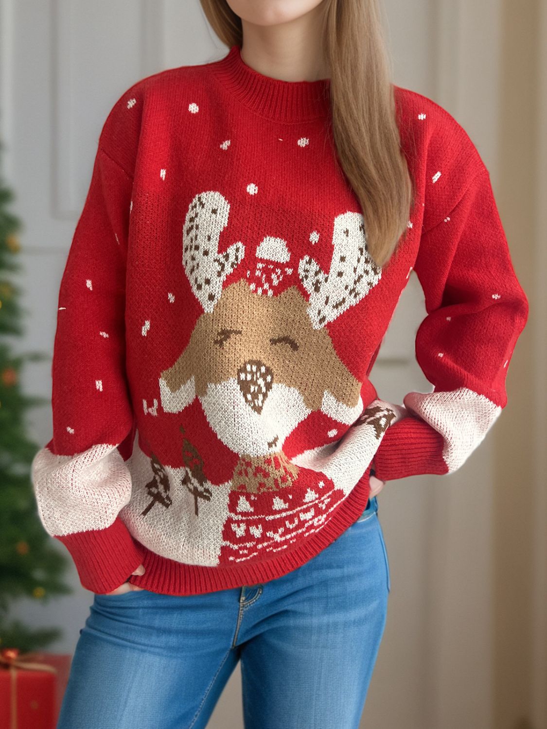 Outfit Flow - Reindeer Mock Neck Long Sleeve Sweater