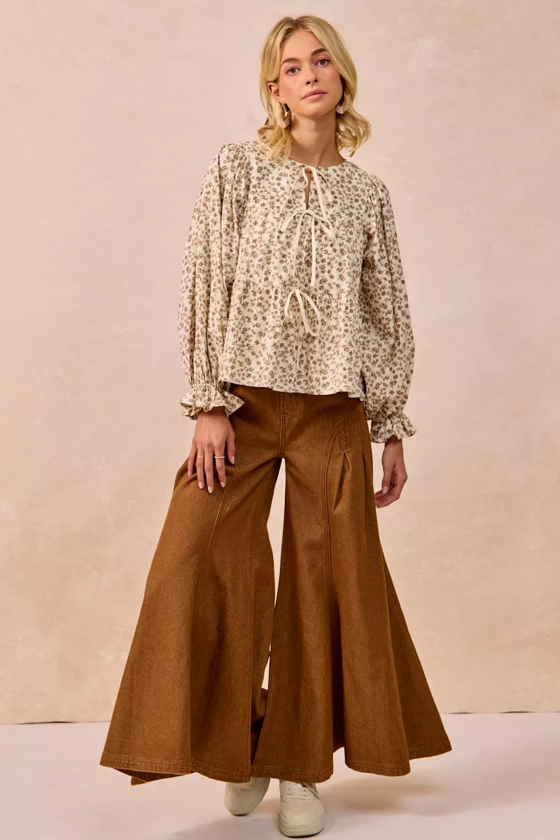 BiBi Floral Printed Peplum Blouse with Shirring and Tied OutfitFlow