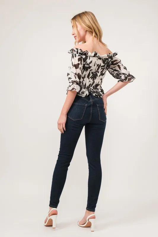 And The Why Smocked Off-Shoulder Floral Printed Top OutfitFlow