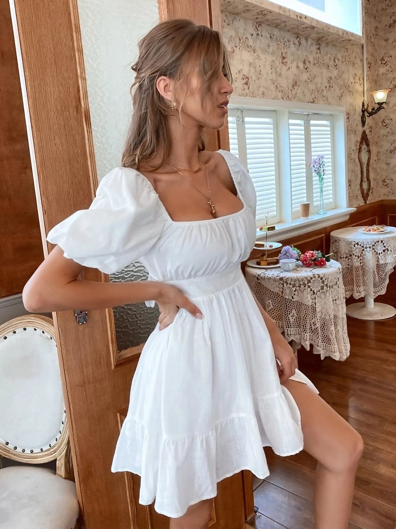 Square Neck Puff Sleeve Mini Dress OutfitFlow
