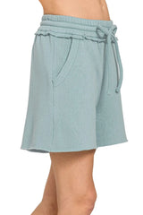 Zenana Fleece Raw Hem Shorts With Draw String OutfitFlow