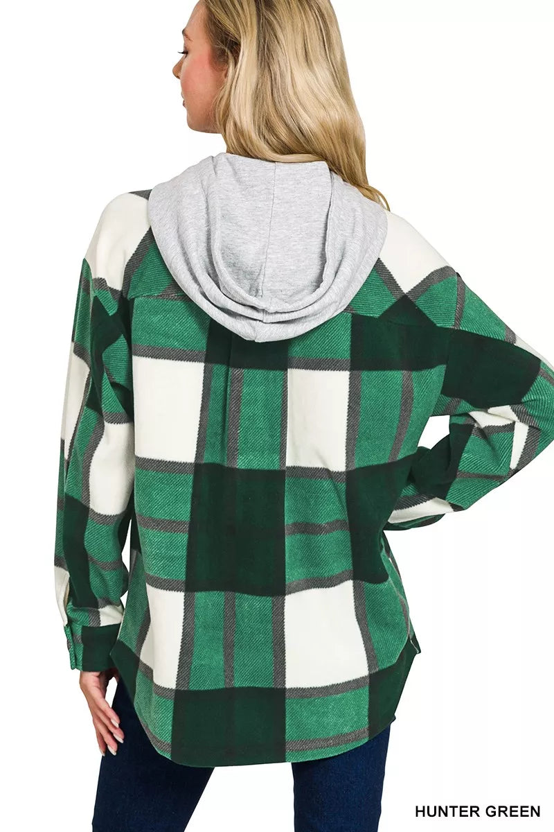 Zenana Plaid Drawstring Hooded Fleece Shacket OutfitFlow