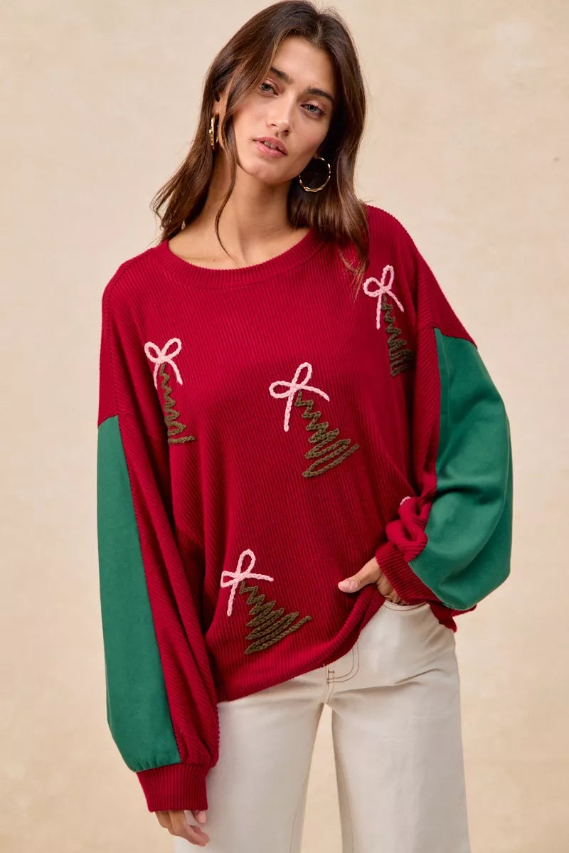 BiBi Christmas Theme Tree Embroidered Sweater OutfitFlow
