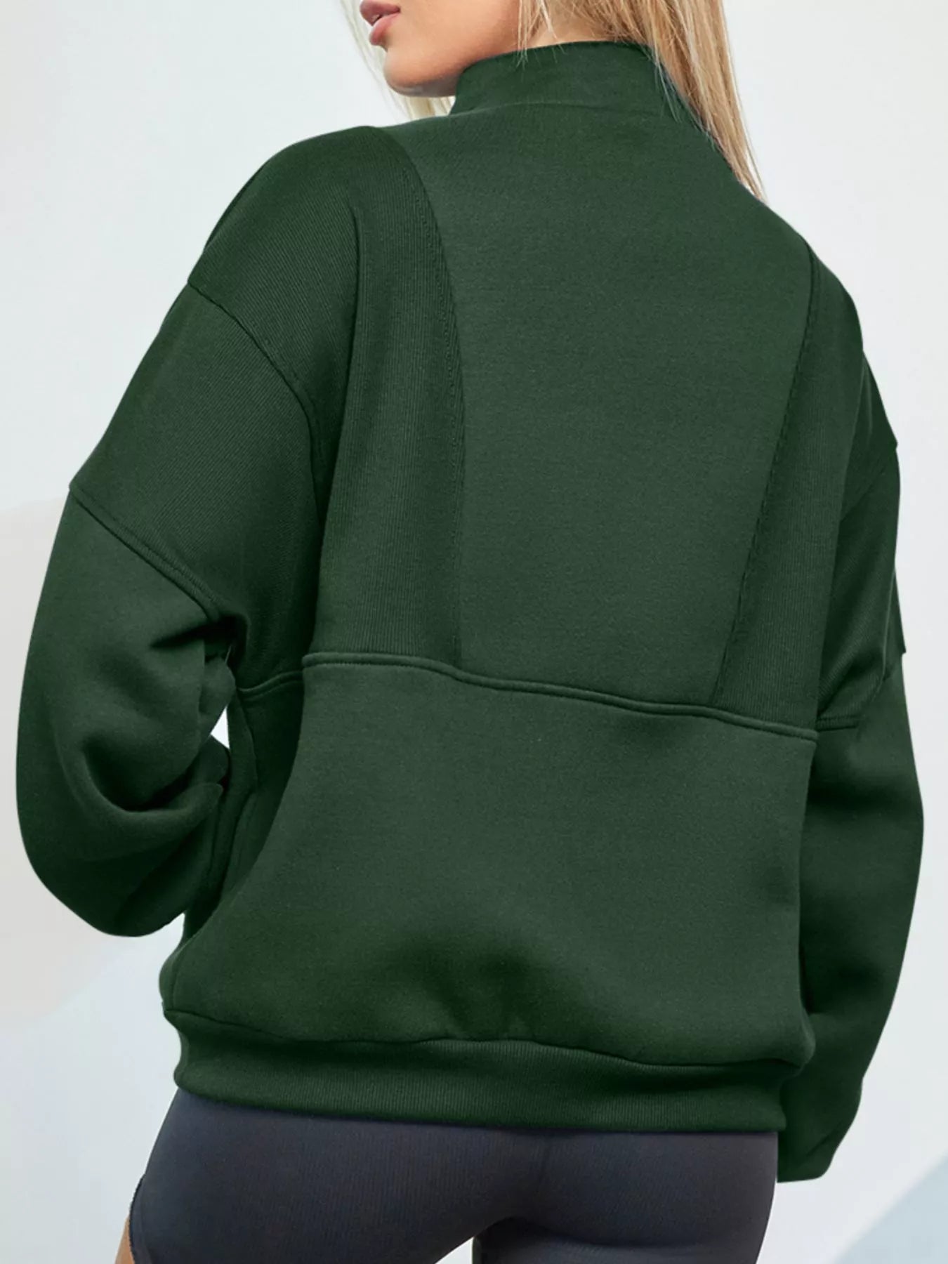 Half Zip Stand Collar Exposed Seam Solid Color Casual Sweatshirt OutfitFlow