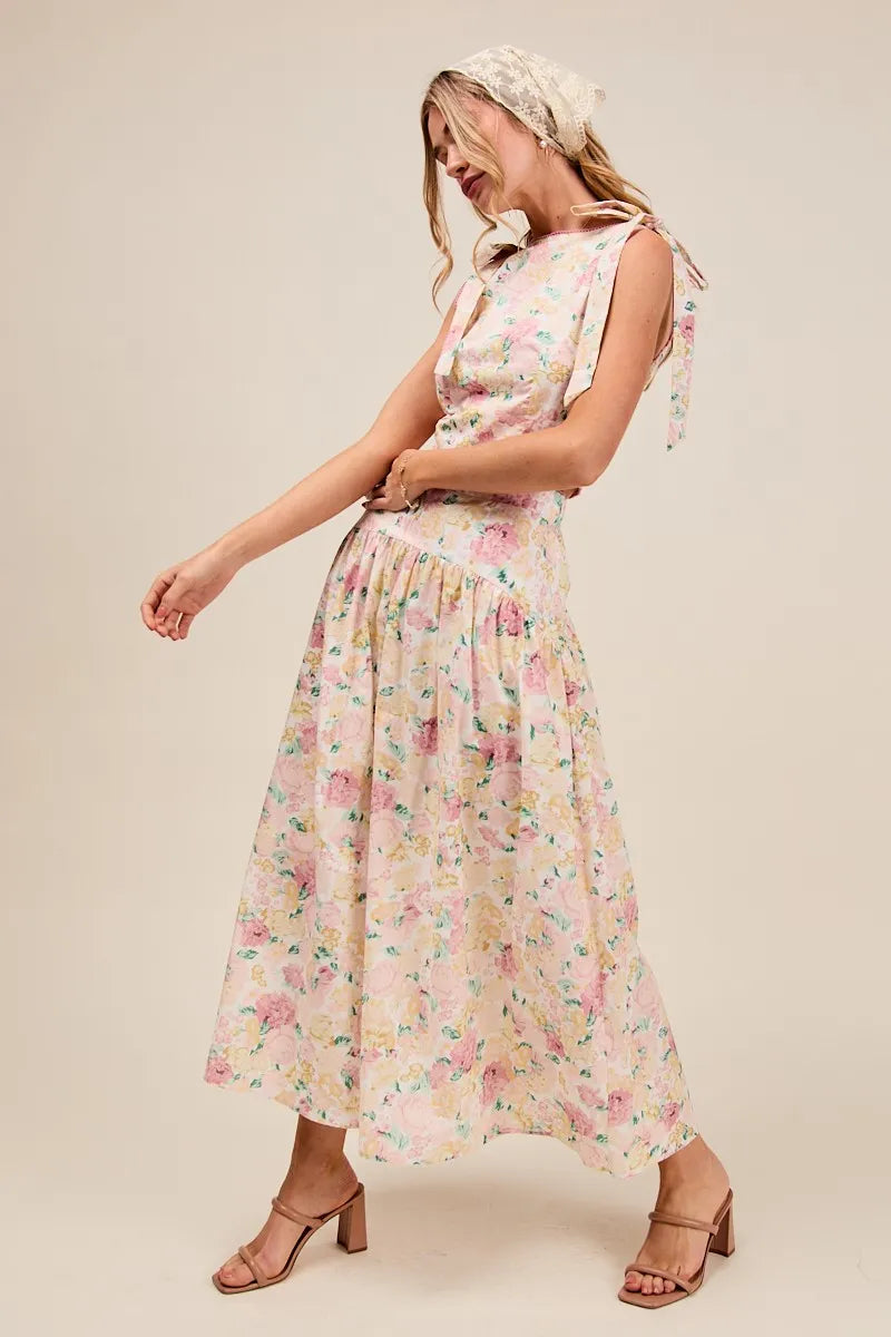 SO ME Floral Printed Woven Shoulder Bow Tie Top and Skirt Set OutfitFlow
