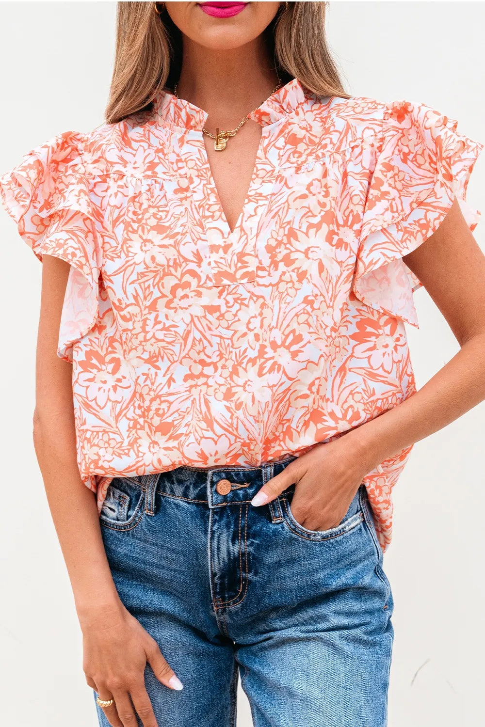 Floral Ruffle Sleeve Split Neck Blouse OutfitFlow