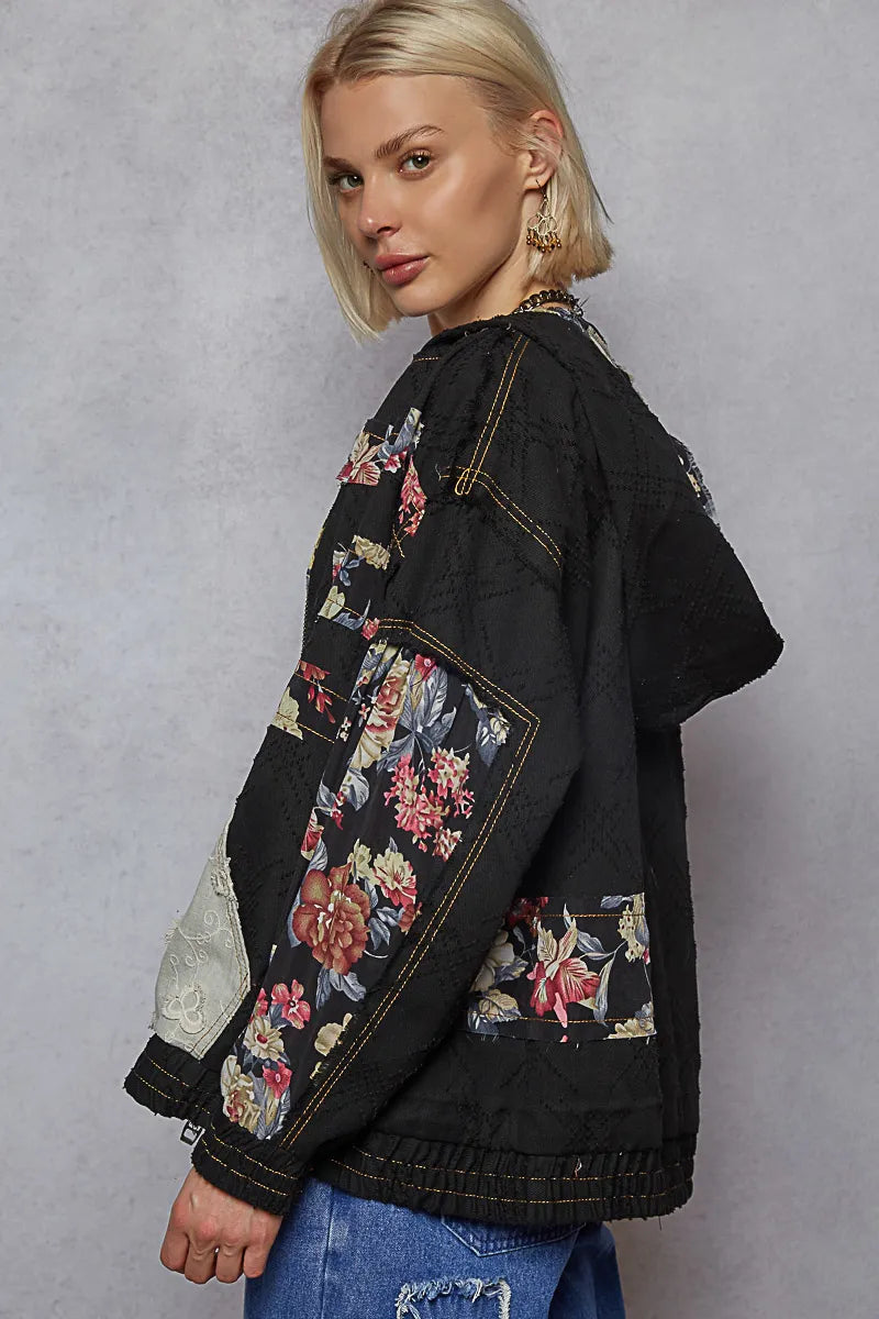 POL Zip Up Floral and Lace Patch Washed Jacket OutfitFlow