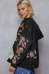 POL Zip Up Floral and Lace Patch Washed Jacket OutfitFlow