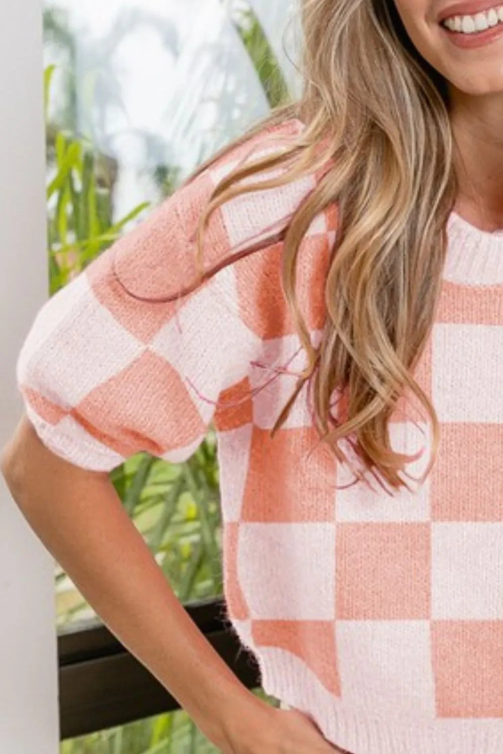 BiBi Check Pattern Short Puff Sleeve Sweater Top OutfitFlow