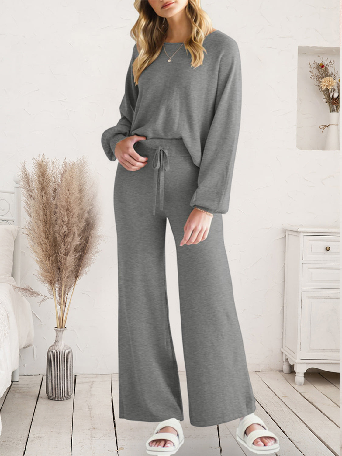 Outfit Flow - Long Sleeve Lounge Top and Drawstring Pants Set