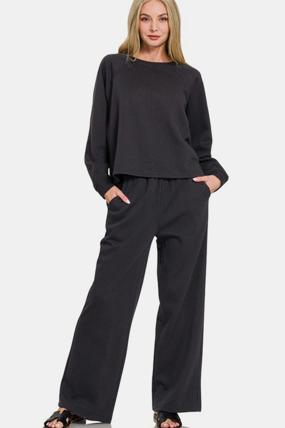 Outfit Flow - Zenana Round Neck Raglan Sleeve Top and Elastic Waist Pants Set