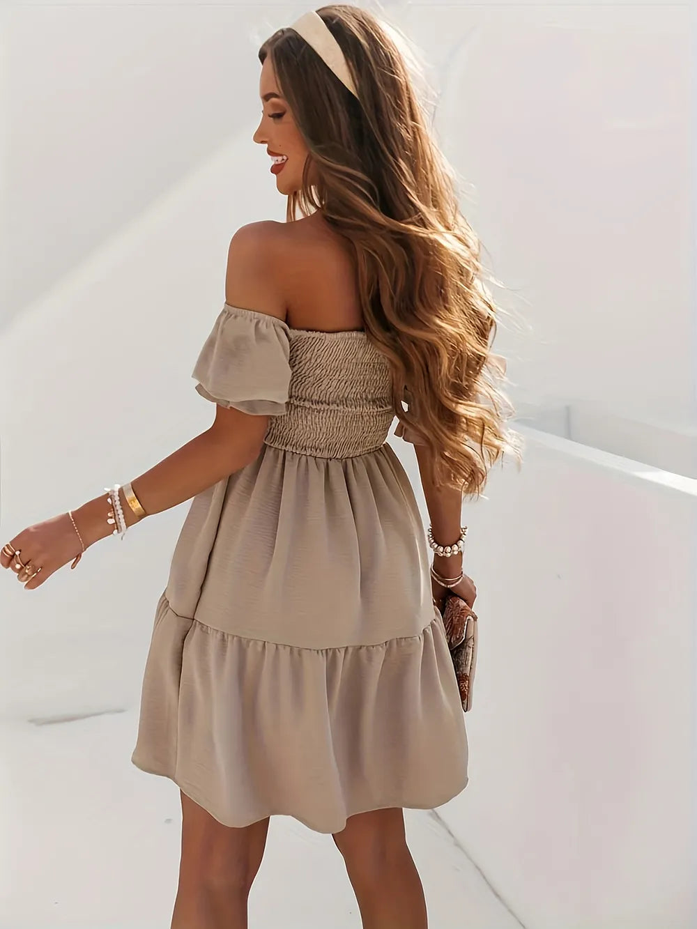 Full Size Ruffled Off-Shoulder Short Sleeve Dress OutfitFlow