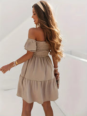 Full Size Ruffled Off-Shoulder Short Sleeve Dress OutfitFlow