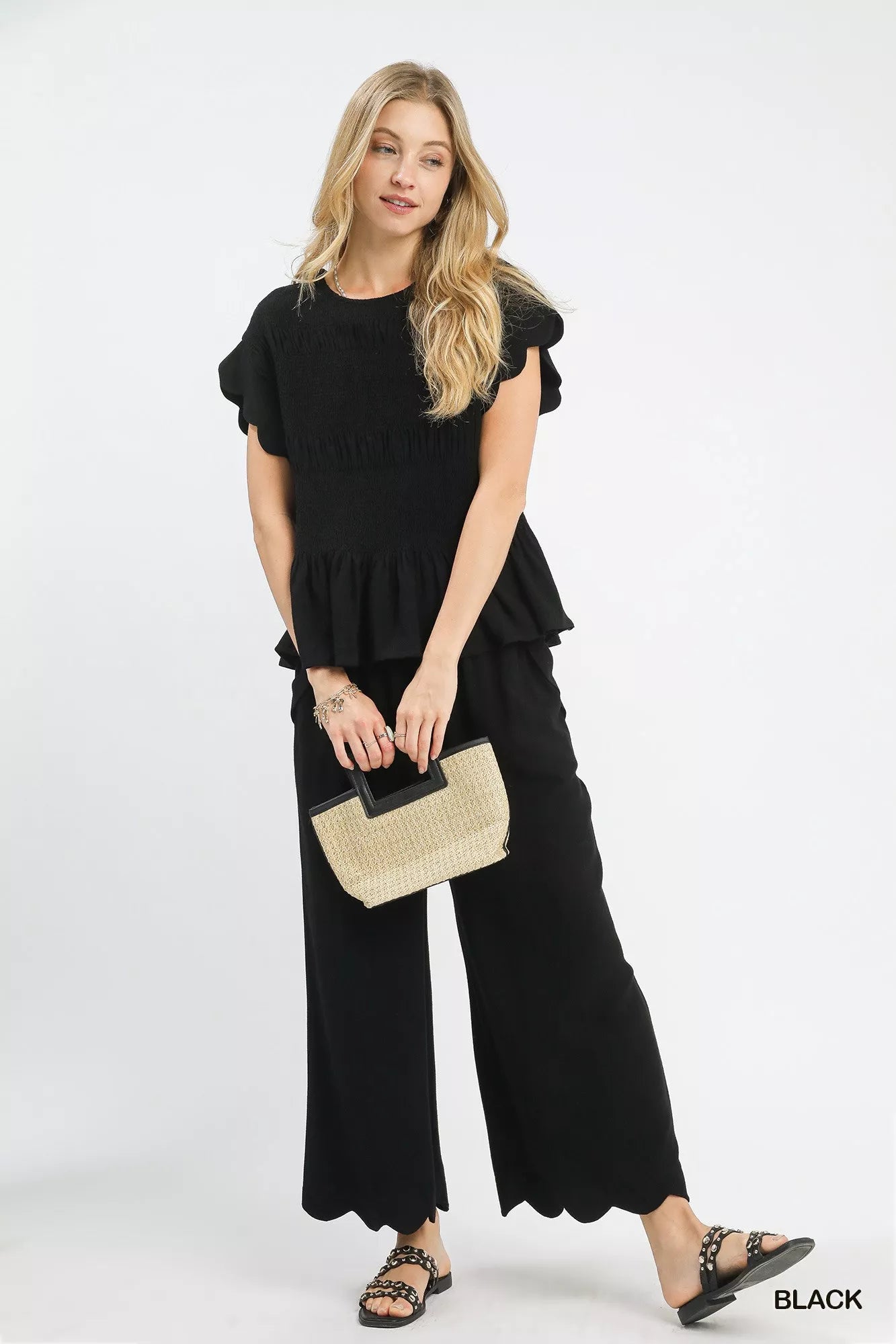 Umgee Linen Blend Scallop Hem Wide Leg Pants OutfitFlow