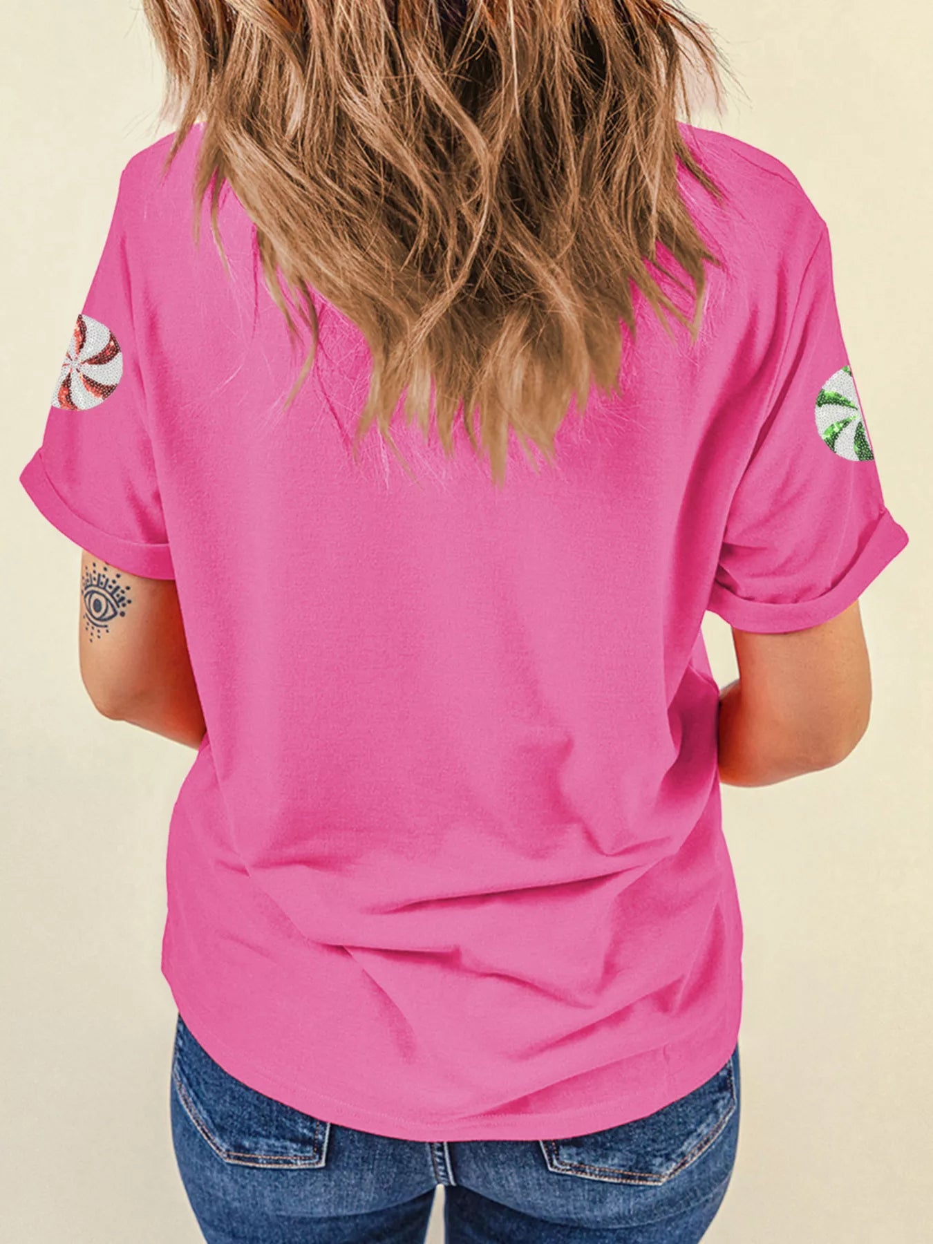 Sequined Candy Swirl Christmas Short Sleeve T Shirt OutfitFlow