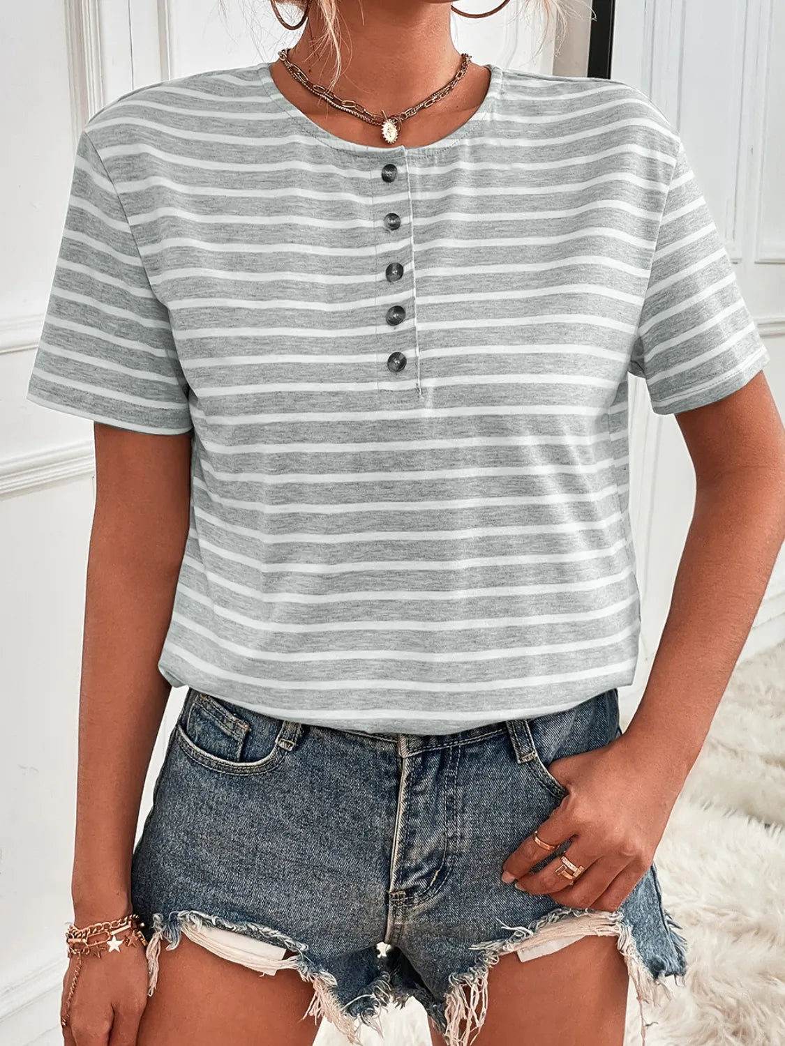 Striped Short Sleeve Top OutfitFlow