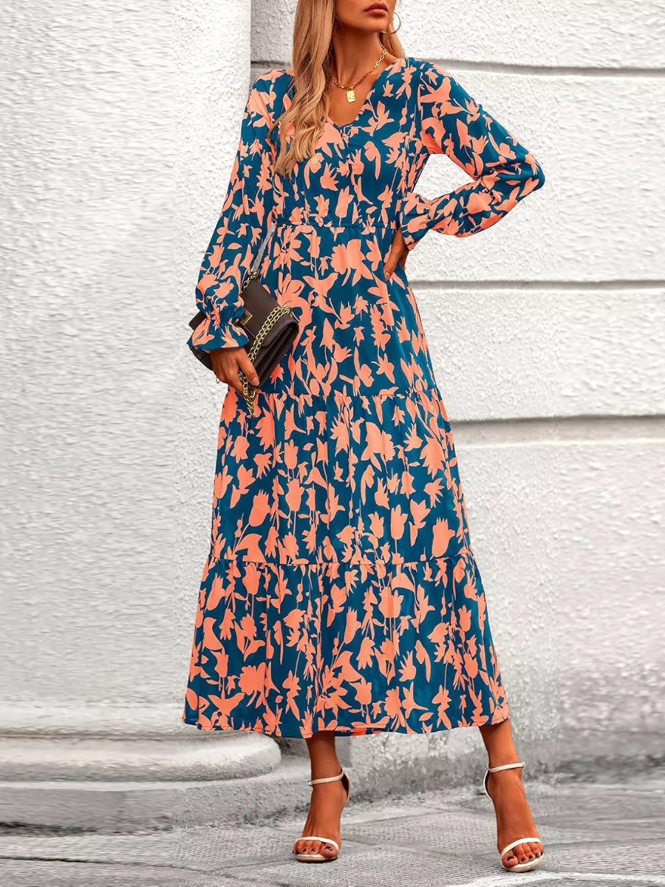 Printed V-Neck Flounce Sleeve Tiered Midi Dress Ochre OutfitFlow