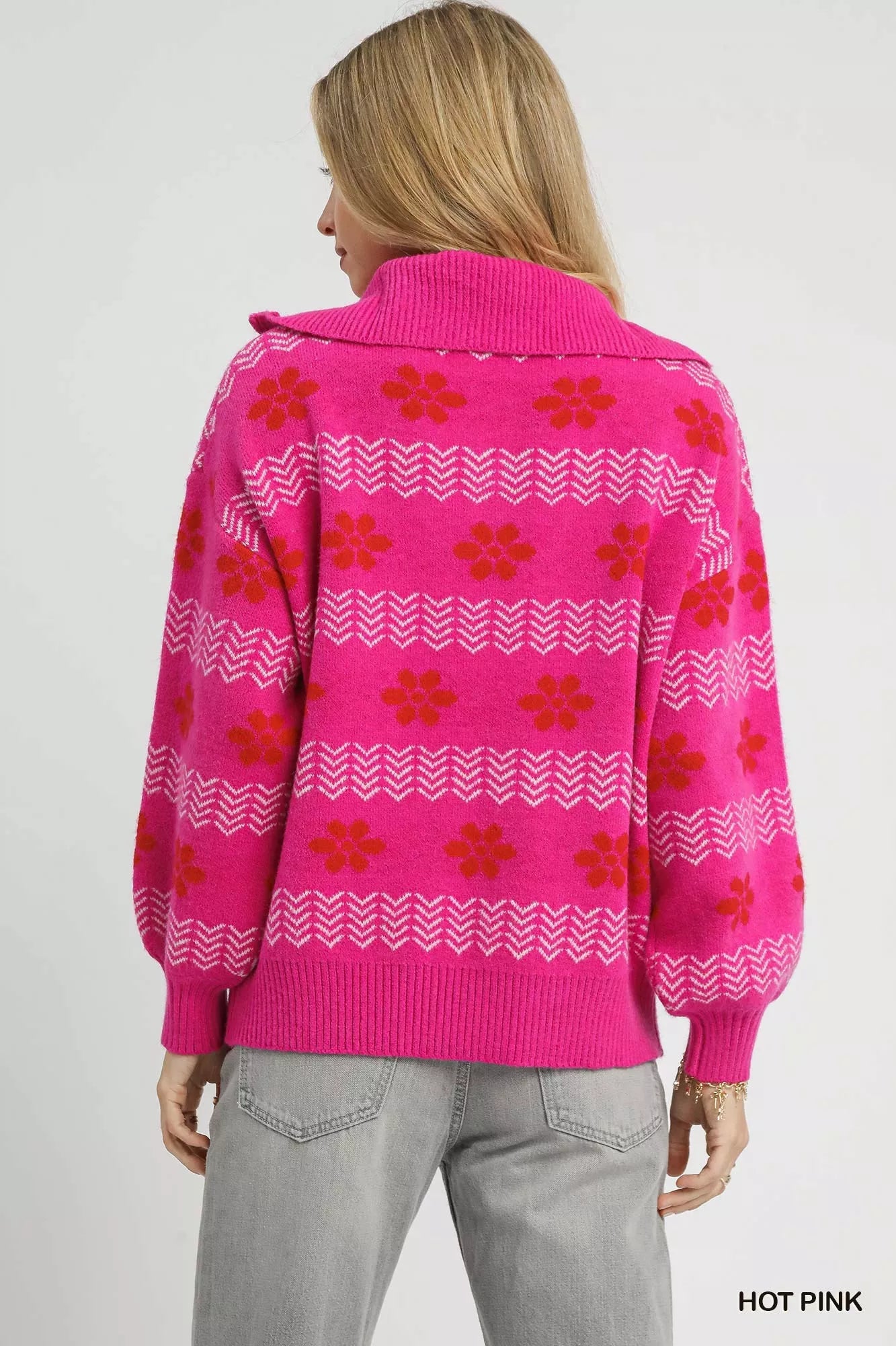 Umgee Floral Patterned Jacquard Quarter-Zip Pullover Sweater OutfitFlow