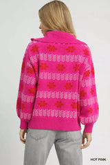 Umgee Floral Patterned Jacquard Quarter-Zip Pullover Sweater OutfitFlow