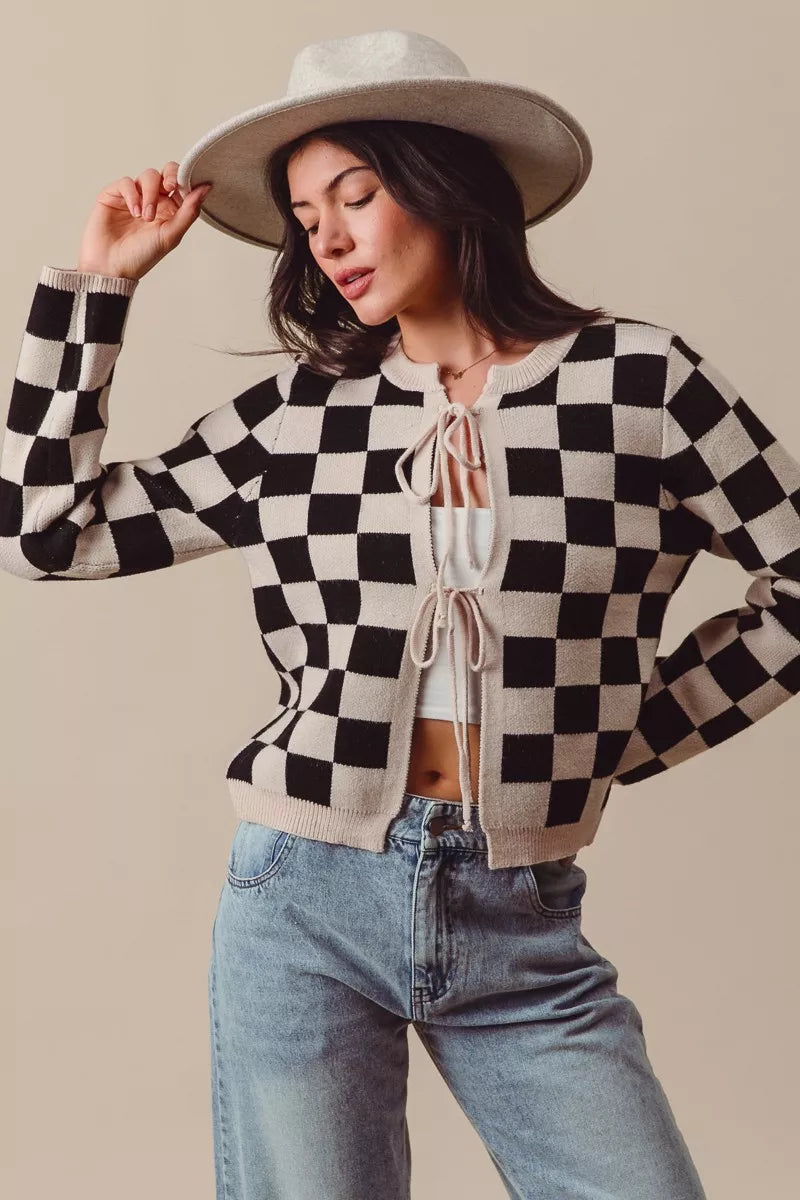 SO ME Tie Front Checkered Knitted Round Neck Cardigan Trendsi