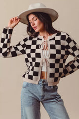 SO ME Tie Front Checkered Knitted Round Neck Cardigan Trendsi