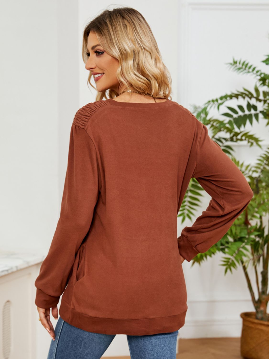 Outfit Flow - Ruched Shoulder Round Neck Long Sleeve Sweatshirt