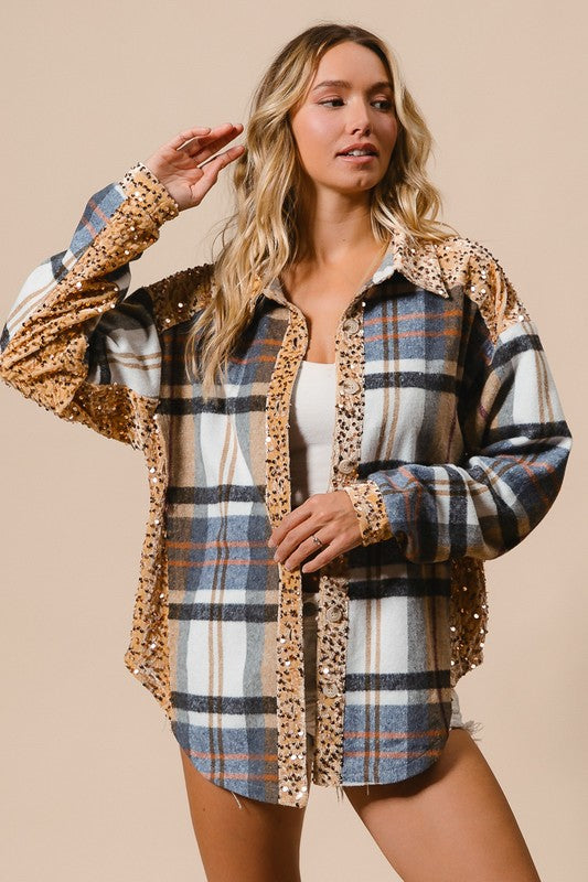 Outfit Flow - BiBi Curved Hem Sequin Plaid Button Up Jacket