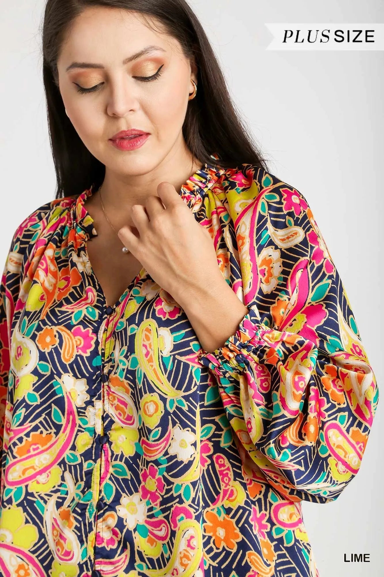 Umgee Full Size Satin Paisley Ruffle Neck Button-Up Shirt Plus Size Trendsi