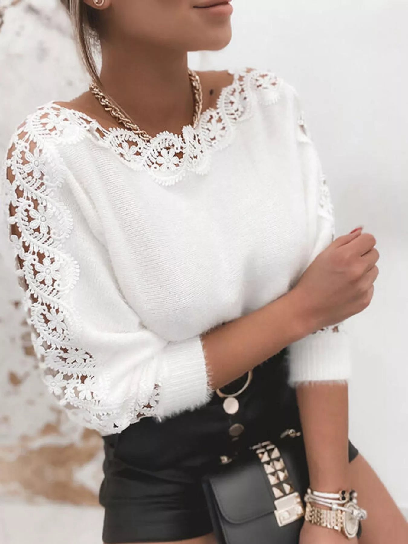 Lace Trim Long Sleeve Sweater OutfitFlow