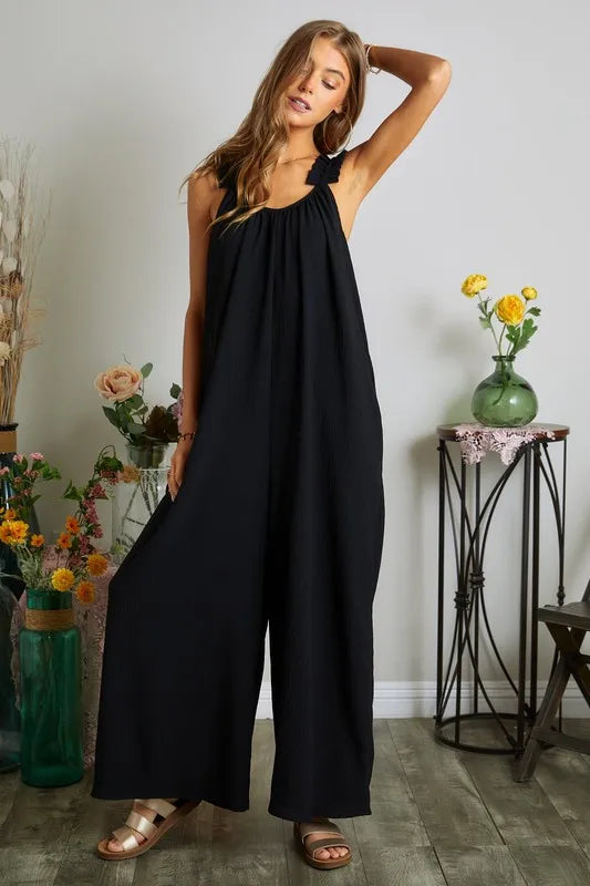 ADORA Full Size Elastic Ruffle Shoulder Jumpsuit Plus Size OutfitFlow