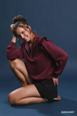 Umgee Luxeknit Ruffle Shoulder Quarter-Zip Sweatshirt Trendsi