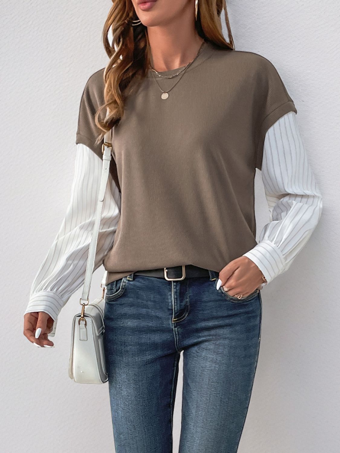 Outfit Flow - Perfee Round Neck Striped Sleeve Sweatshirt