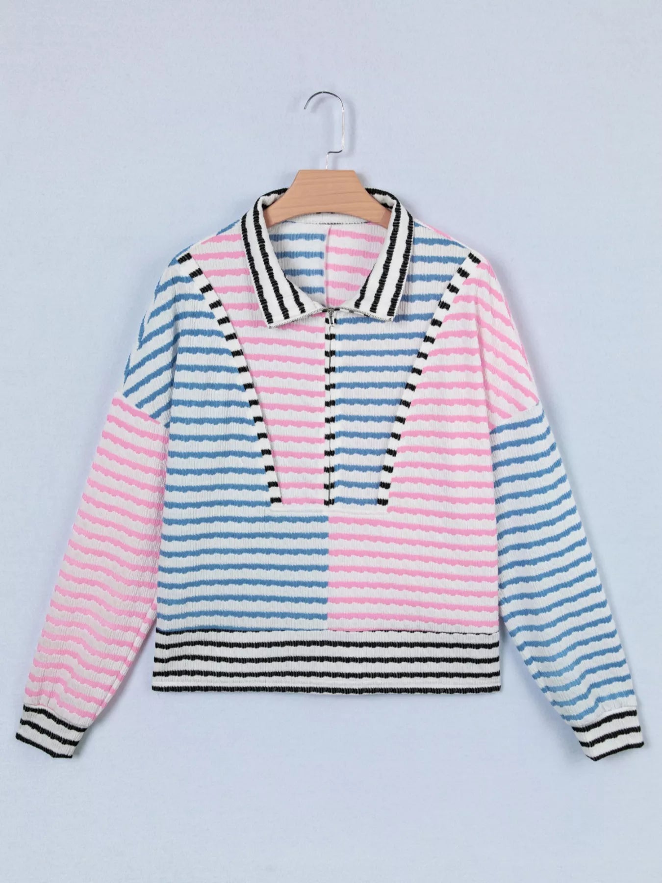 Striped Color Block Patchwork Half Zip Drop Shoulder Long Sleeve Top OutfitFlow