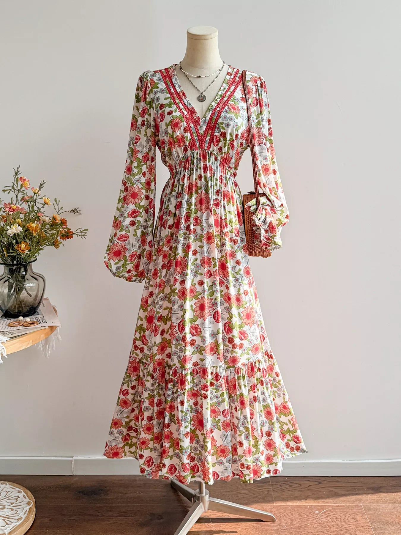 Floral Print V-Neck Bohemian Midi Dress OutfitFlow