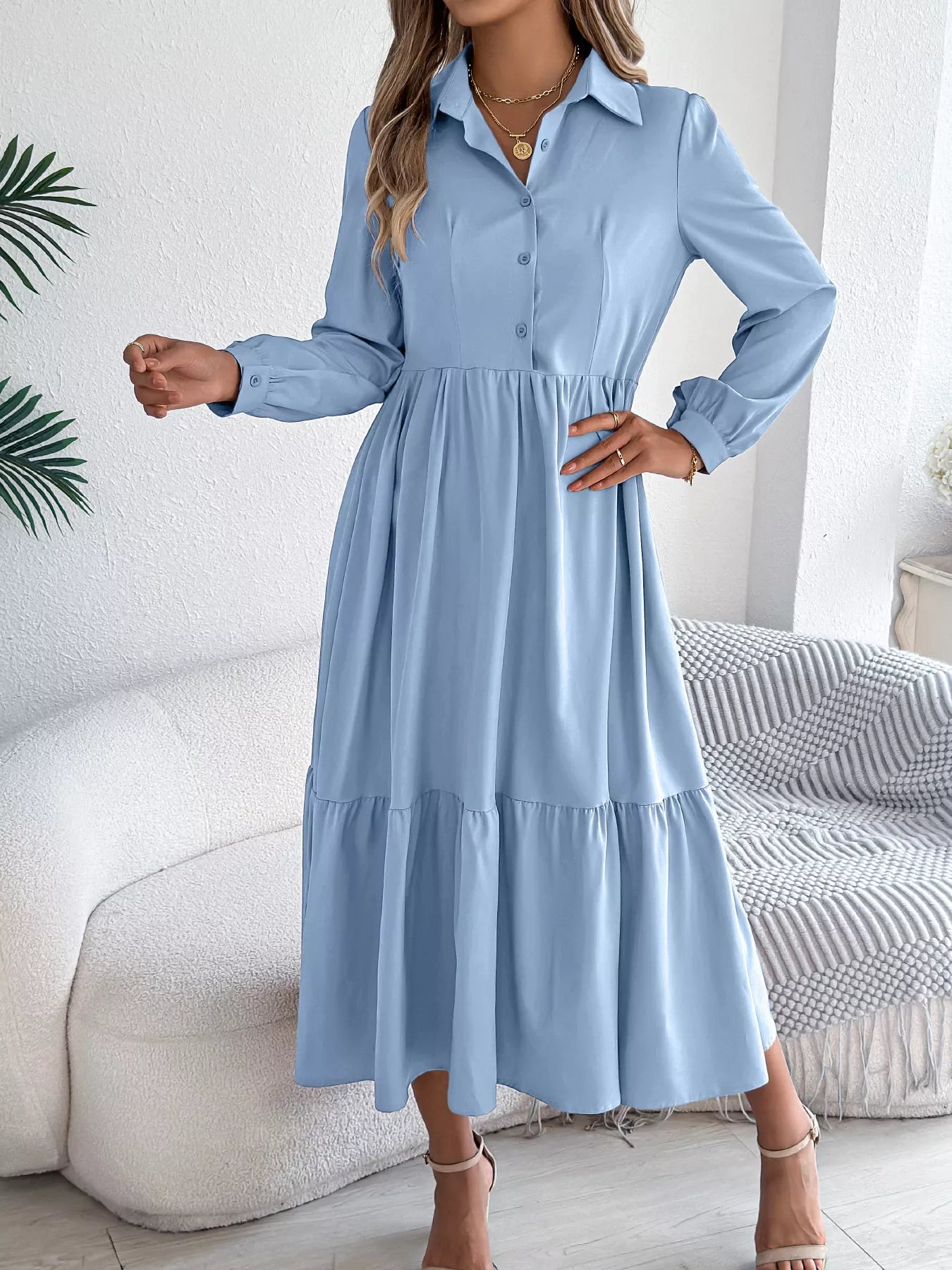 Long Sleeve Tiered Button Front Midi Dress OutfitFlow