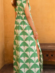 Slit Printed V-Neck Cap Sleeve Maxi Dress OutfitFlow