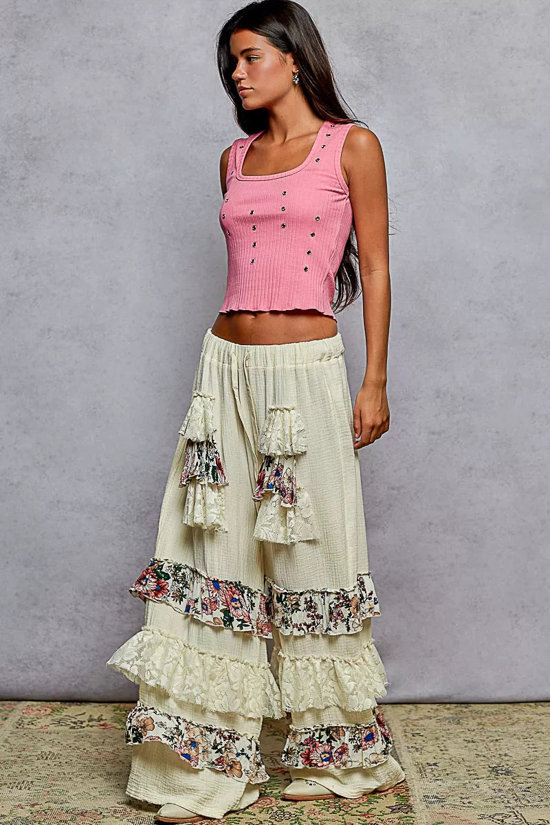 POL Drawstring Double Gauze Wide Leg Pants with Print and Lace Ruffle OutfitFlow