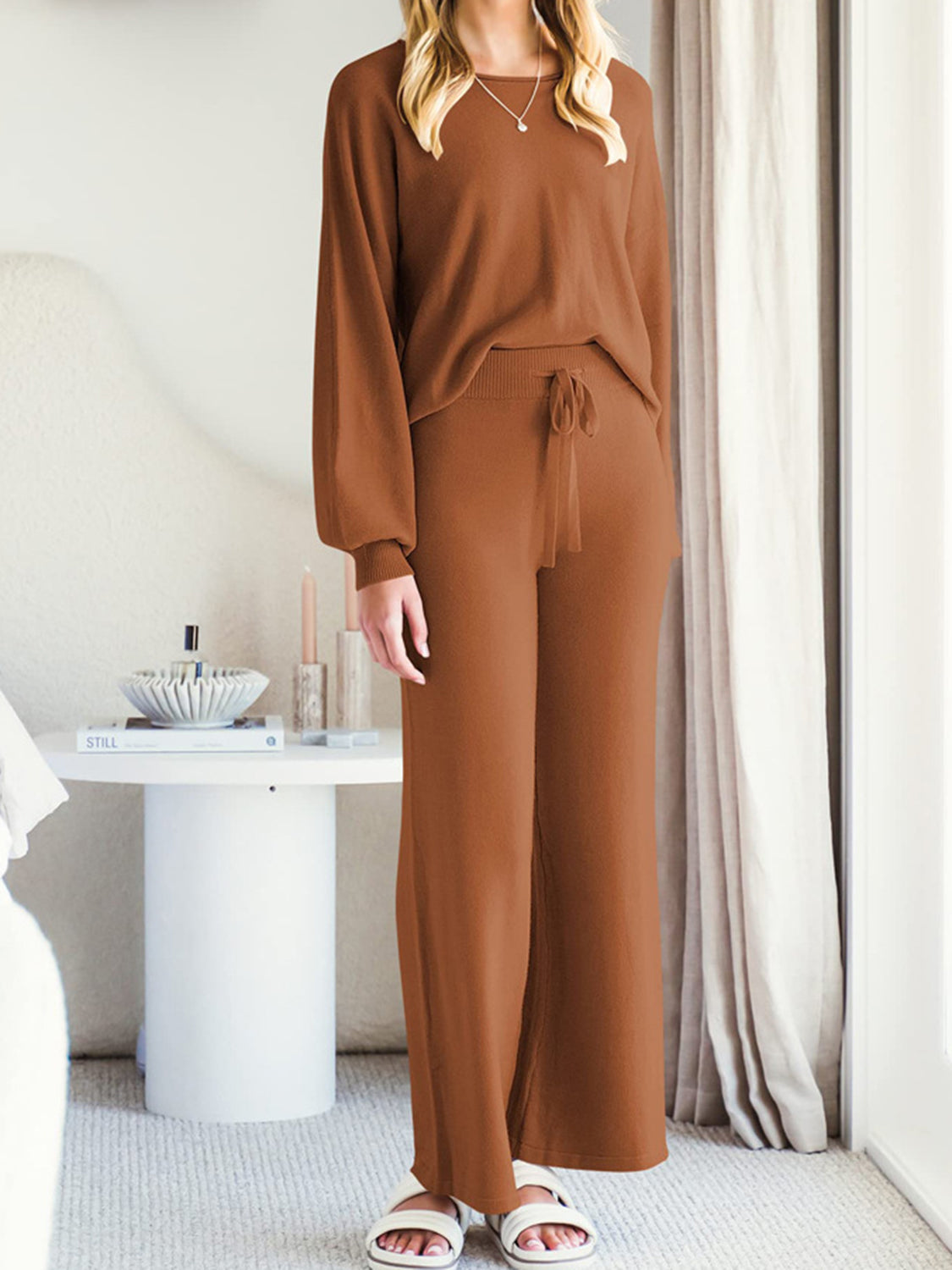 Outfit Flow - Long Sleeve Lounge Top and Drawstring Pants Set