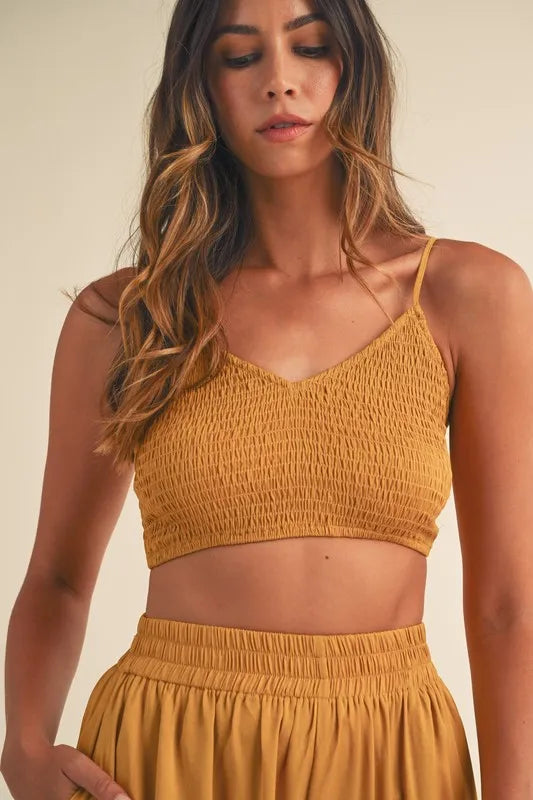 MABLE Smocked Bralette Crop Top and Wide Leg Pants Set OutfitFlow
