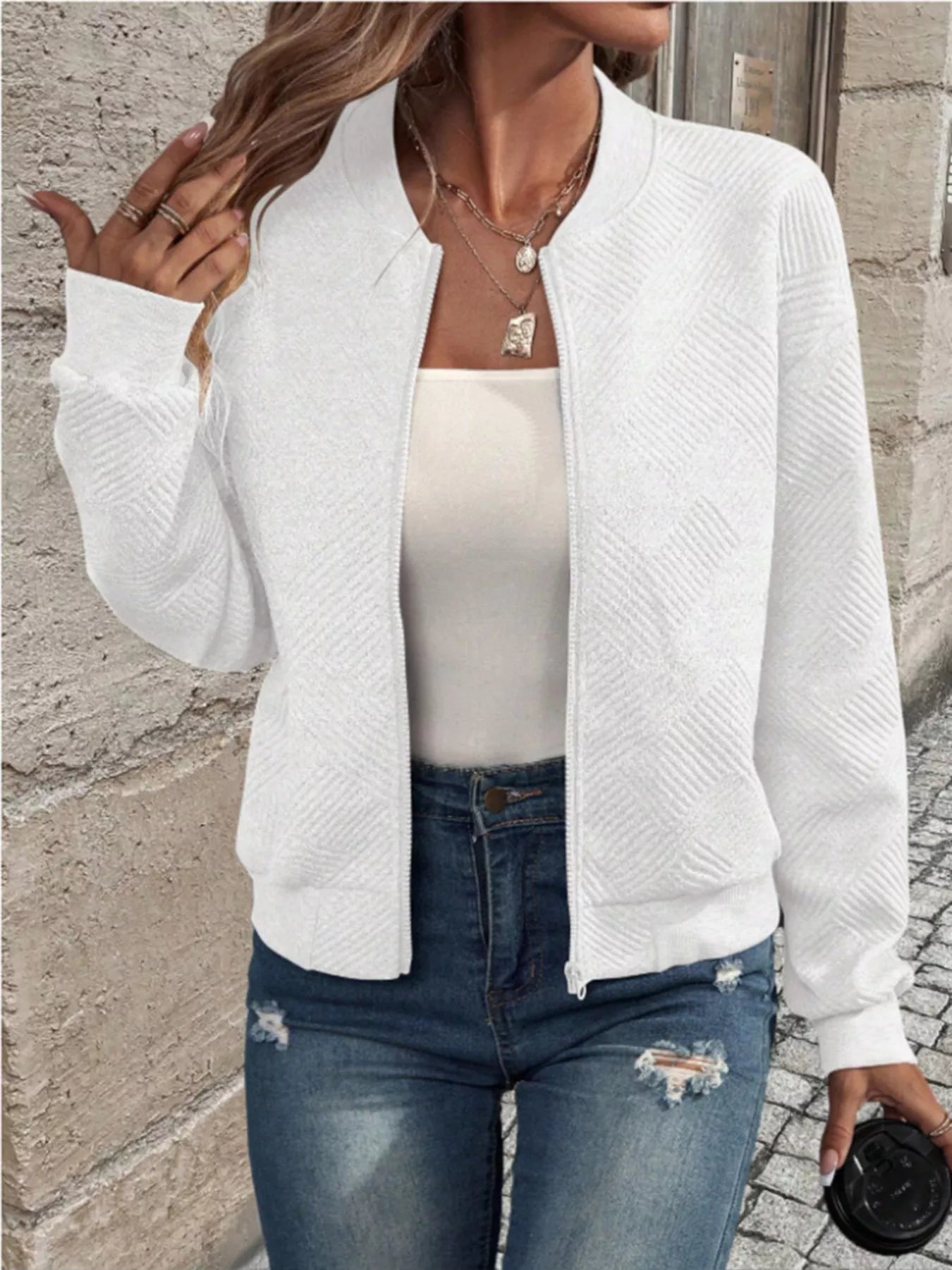 Textured Knit Zip-Up Bomber Jacket White OutfitFlow
