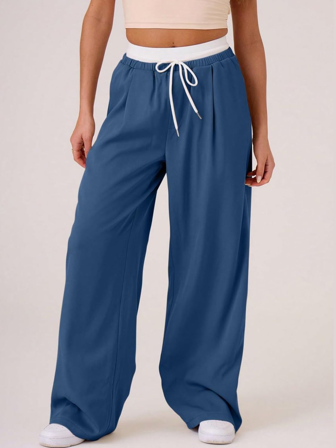 Outfit Flow - Contrast Waistband Drawstring Wide Leg Pants